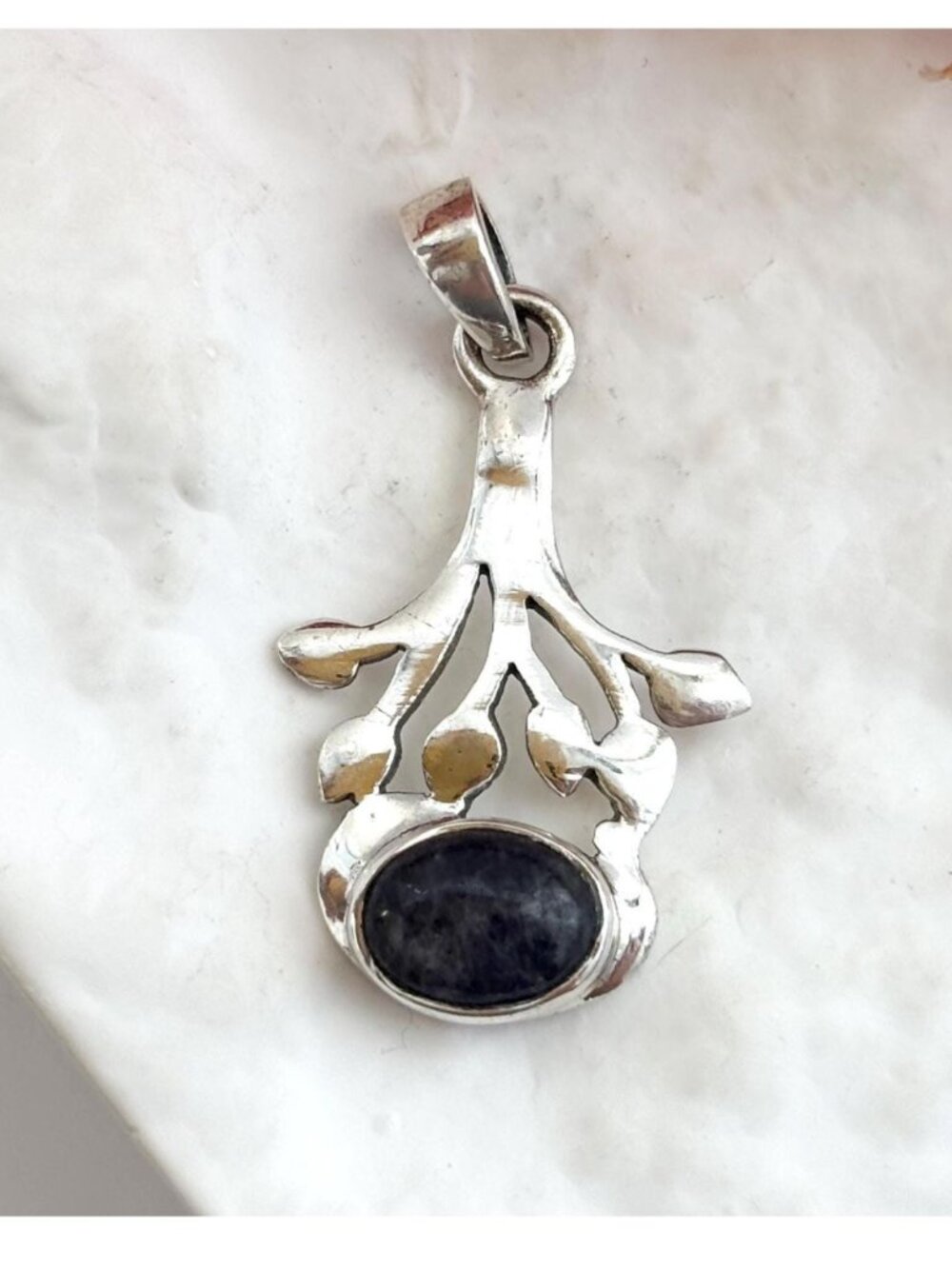 Black Agate Oval Gemstone Abstract Freeform Sterling Silver 925 Vintage Pendant